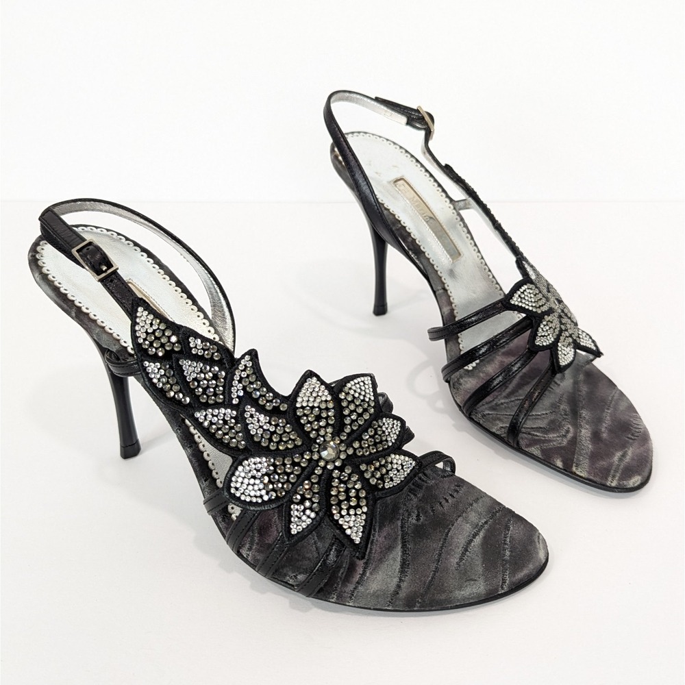 Marino Fabiani Crystal Floral Black Strappy Stiletto‎ Heels IT 37 US 7 Elegant